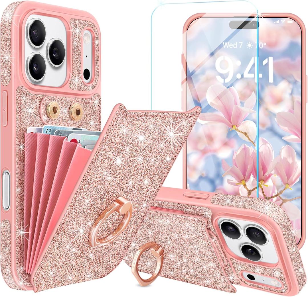 for iPhone 17 Pro Max Case Wallet with Screen Protector[5 Card Holder],Glitter PU Leather RFID Blocking with 360 Ring Stand Women Girls Shockproof Phone Cover for iPhone 17 Pro Max,Rose Gold