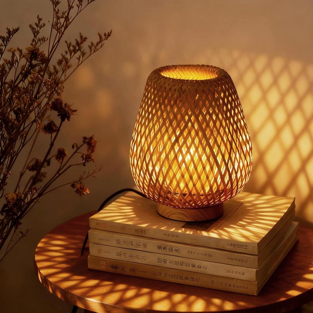 URLIGHTS Table Lamp with Double Layer Woven Shade Wood Base,Desk Bedside Small Lamps with 6ft Power Cord, 110V Plug, Dimmable E26 Socket (Bulb Included) for Living Room Night Stands Bedroom