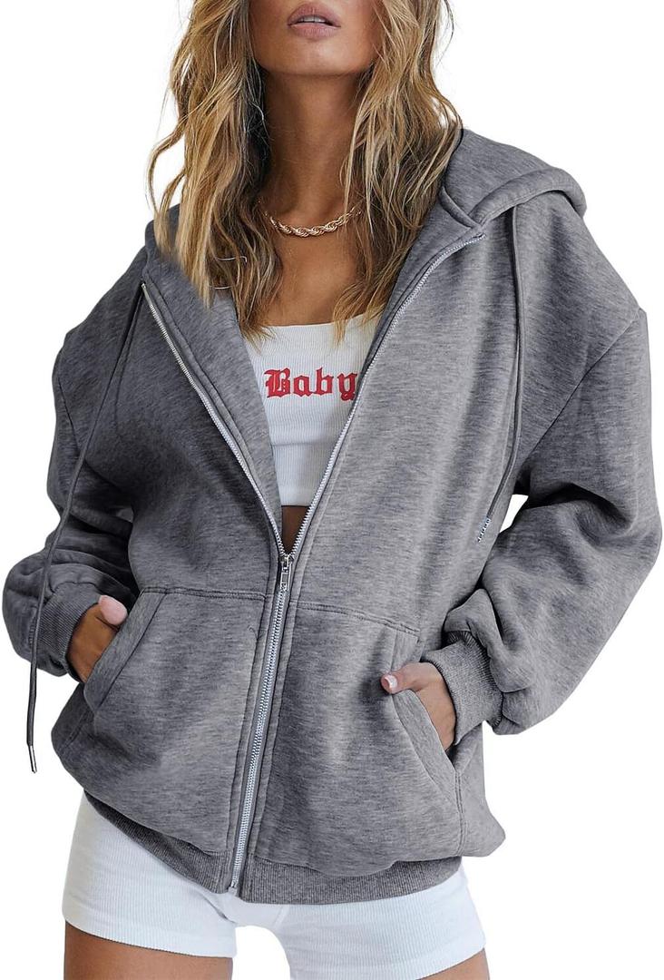 Trendy Queen Womens Zip Up Hoodies Oversized Sweatshirts Fall Fashion Outfits Casual Jackets 2025 Winter Clothes (Small, Dark Grey)
