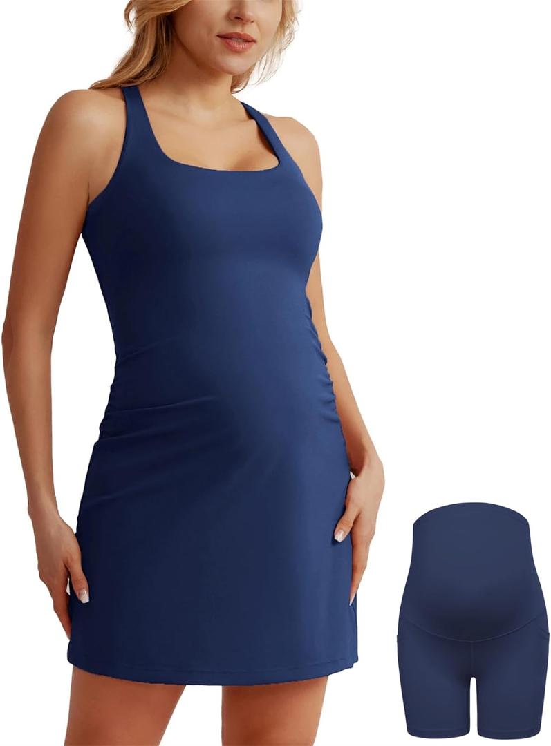 Maacie Maternity Tennis Dress with Shorts and Built in Bra Scoop Neck Sleeveless A-line Workout Golf Dress with Pockets S
