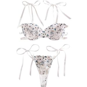 Lilosy Sexy Tie Side Embroidered Underwire Push Up Cute Strappy Mesh Sheer Bachelorette Lingerie Set (Small, Flower White)