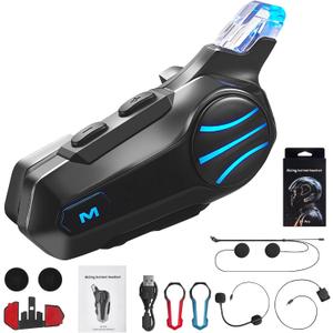 Motorcycle Bluetooth Headset, Helmet Communication System IP67 Waterproof, BT 5.4, HD Speakers, Noise Cancellation, Hands-Free Calls/Music, 2 Mics, 3 Faceplates (Carbon Black)