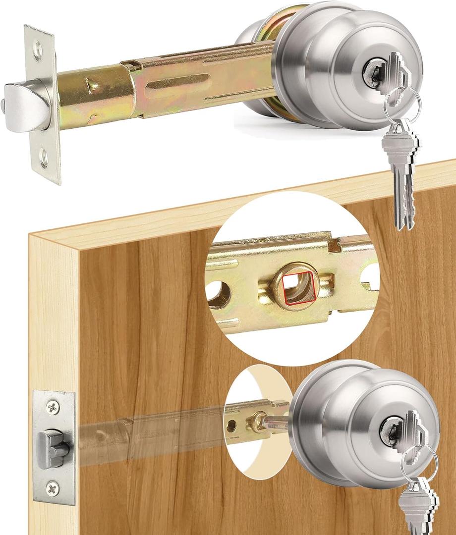 5" Backset Entry Door Latch with Standard Keyed Knobset, 19/64" (7.6mm) Square Interface with Square Corner Faceplate, Non-Handed, Satin Nickel