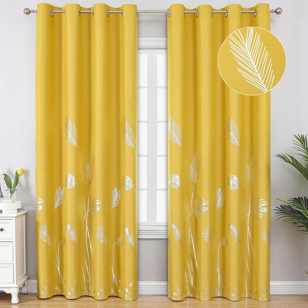 Estelar Textiler Yellow Blackout Curtains for Living Room, Room Darkening Silver Palm Tree Pattern Curtains 96 Inches Long, Light Blocking Thermal Insulated Window Drapes for Bedroom, 52Wx96L,2 Panels