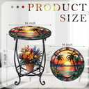 Cinnvoice Outdoor Side Table Round Small Mosaic Patio Accent Indoor End Plant Coffee Tea Table for Yard Patio Porch Garden Living Room, Bedroom(Palm Tree Style,14 Inch)