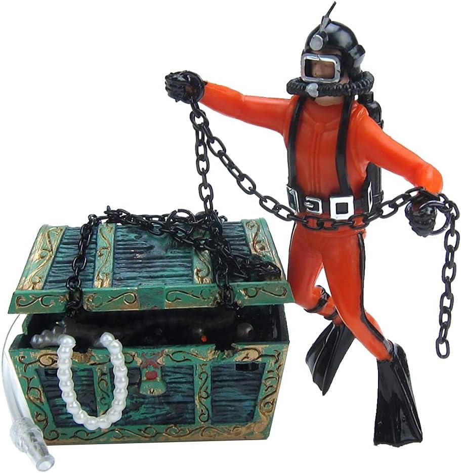 Live-Action Aquarium Ornament Creative Undersea Treasure Chest Diver Air Bubbler Aerating for Fish Tank Decorations Orange Color