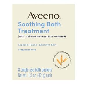 Aveeno Soothing Bath Treatment with 100% Colloidal Oatmeal Skin Protectant for Sensitive & Eczema-Prone Skin, Fragrance-Free Bath Soak Relieves Itchy, Irritated Skin, Individual Packets, 8 ct