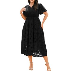 RWJ Womens 2026 Spring Plus Size Wedding Guest Dresses Short Sleeve V Neck Hollow Out Eyelet A Line Flowy Maxi Dress, Size: XL