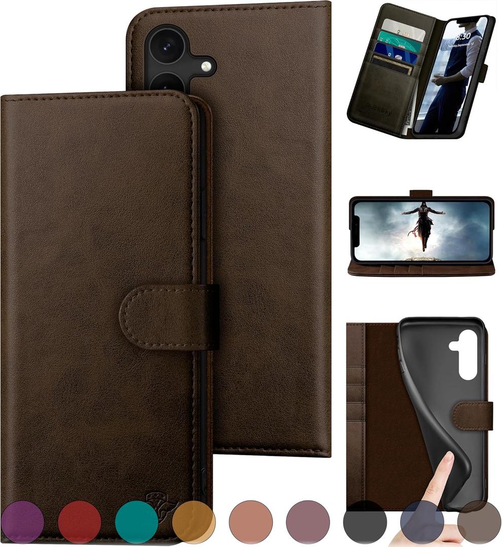 DuckSky for Samsung Galaxy S23 FE Genuine Leather Wallet case RFID Blocking4 Credit Card HolderReal Leather Flip Folio Book Phone case Protective Cover Women Men for S23FE case Brown
