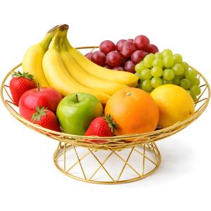 Large Metal Wire Fruit Bowl, 12-inch Round Mesh Fruit Basket for Kitchen Countertop, Modern Decorative Bread Vegetable Storage Holder Organizer, Elegant Gold Iron Art(Gold)