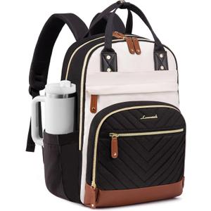LOVEVOOK Laptop Backpack for Women with Giant Tumbler Holder Pocket, 15.6 inch School College Book Bag Nurse Teacher Backpack, Waterproof Work Travel Backpack Purse Laptop Computer Bag, Beige-Black-Brown