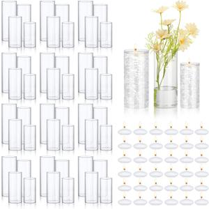 Mifoci 48 Pcs Floating Candles 24 Pcs Floating Candle Vases 24 Pcs Artificial Pearl String Filler Glass Cylinder Vases Clear Cylinder Candle Holder for Bridal Shower Wedding Table Decor(White)