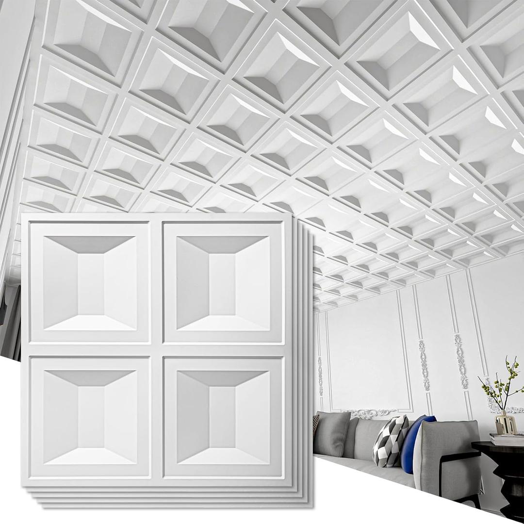 Art3d Drop Ceiling Tiles 24x24, 12 Sheets PVC Decorative Glue up Ceiling Panels 2x2, White