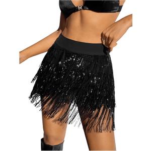 Floerns Women's Sparkly Sequin Fringe Skirt Belly Dance Disco Tassel Rave Mini Skirt (Medium, Black)