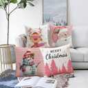 Pink Christmas Throw Pillow Covers 18x18 Inch Set of 4 Winter Holiday Decor Pillowcase Snowman Santa Claus Xmas Tree Decorative Cushion Case for Couch Sofa