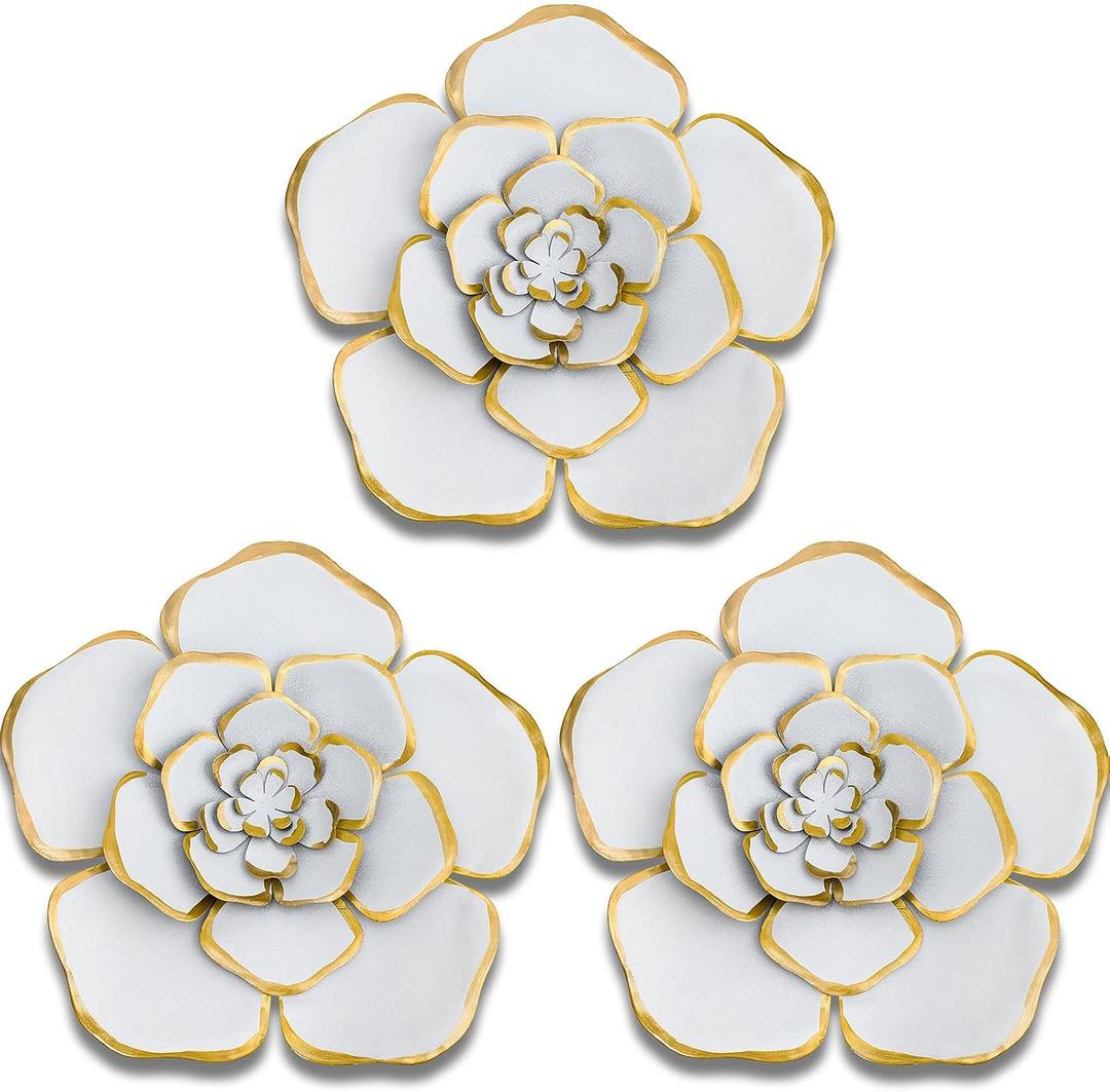 Chuangdi 3 Pieces Large Wall Metal Flowers Multiple Layer Home Decoration for Indoor Outdoor Home Garden Office Living Room Garden Porch Patio (White,8 Inch)