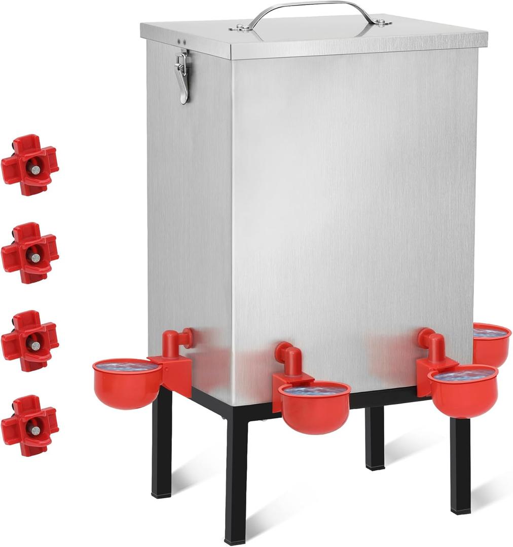 3 Gallons Chicken Waterer,Stainless Steels Automatic Chicken Waterer with Latch and Bottom BracketPoultry Watering 4 Water Cups Chicken Feeder Waterer and 4 Horizontal Automatic Chicken Nipples