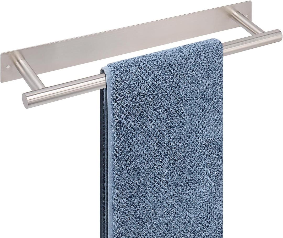 Self Adhesive Towel Bar, 16 Inch Round Towel Racks for Bathroom Wall Mounted SUS304 Stainless Steel Towel Hanger for Kitchen, No Drill or Screw-Mounted Towel Holder (Brushed Nickel)