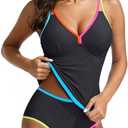 Blooming Jelly Womens Tummy Control Tankini Swimsuits Color Block Bathing Suit V Neck Two Piece Swimwear with Shorts, Large