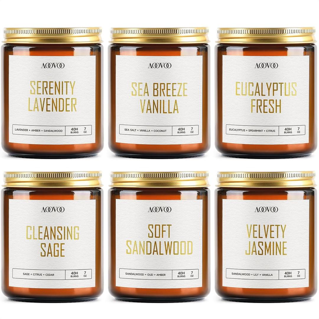 AOOVOO Candles Set - 5PC Scented Candles, Soy Candle, Aromatherapy Candle, Soy Wax Candle, Candle for Home Scented, Lavender/Vanilla/Eucalyptus/Sage/Jasmine/Sandalwood (42 oz)