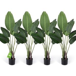 Crowye 4 Pack 4Ft Artificial Bird of Paradise Plants Faux Palm Tree with 10 Trunks Banana Leaf Artificial Plant Real Touch Leaves Fake Tree with Plastic Pot for Indoor Outdoor Home Living Room Office (Cute)