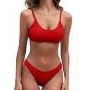 Fanuerg Women's Ribbed Bikini Top Only  Bathing Suit Red L