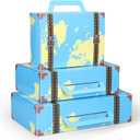 6 Pcs Large Vintage Travel Suitcase Box Travel Party Decorations Paperboard Suitcases Gift Box Decorative Set of 3 Small Stackable Storage Chests Decor for Themed Party Favors (Map,Blue)