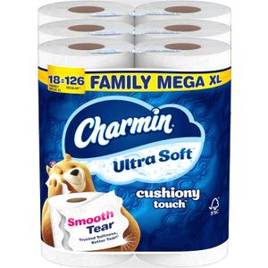 Charmin Toilet Paper Ultra Soft Cushiony Touch, 18 Family Mega XL Rolls = 126 Regular Rolls (385 Sheet (Pack of 18))
