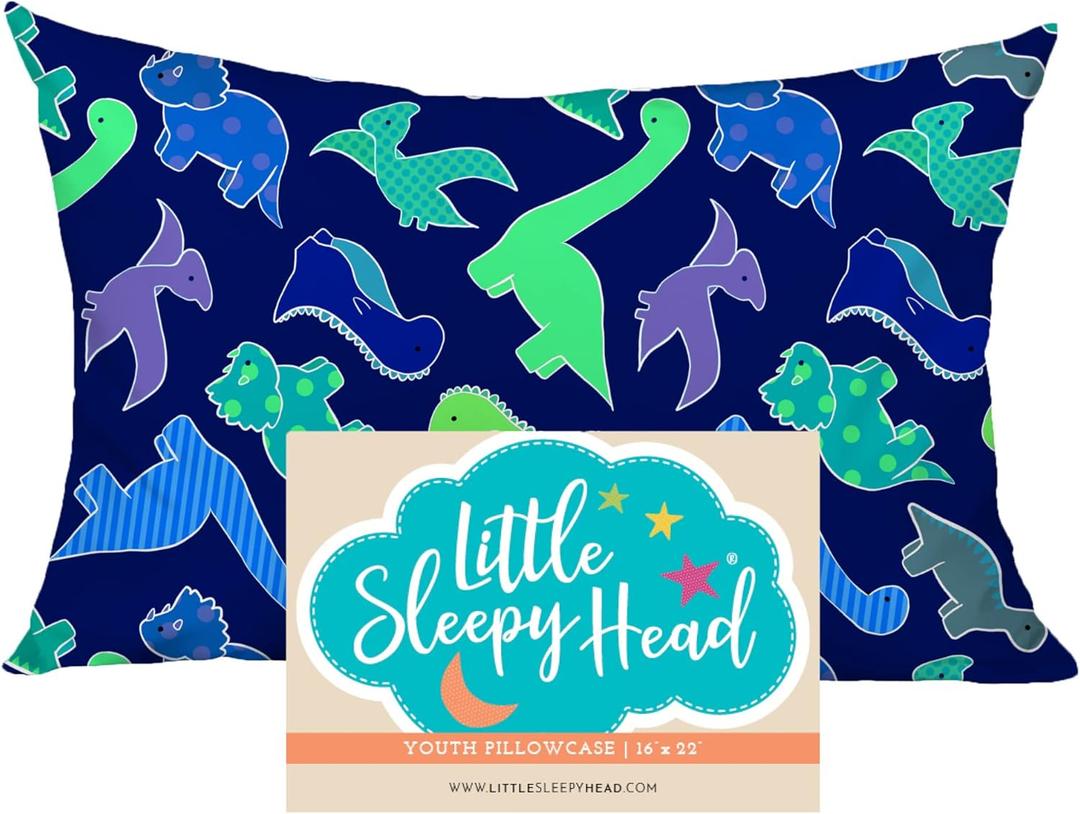 Little Sleepy Head Youth Pillow Case - 100% Made Cotton & Hypoallergenic Pillow Case - Snug Fit Envelope Pillowcase Enclosure - Youth Pillow 16x22 Size - (Dinosaurs Blue) Design Travel Pillow Cover