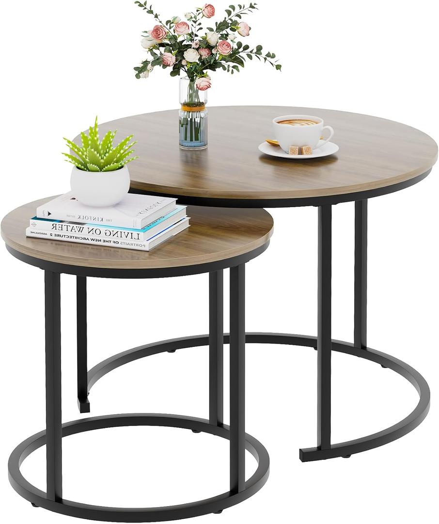 VILAWLENCE Nesting Coffee Table Set of 2, Modern Round Side Table End Tables for Living Room Bedroom Balcony,Grey Wooden Stacking Accent Coffee Tables with Metal Frame