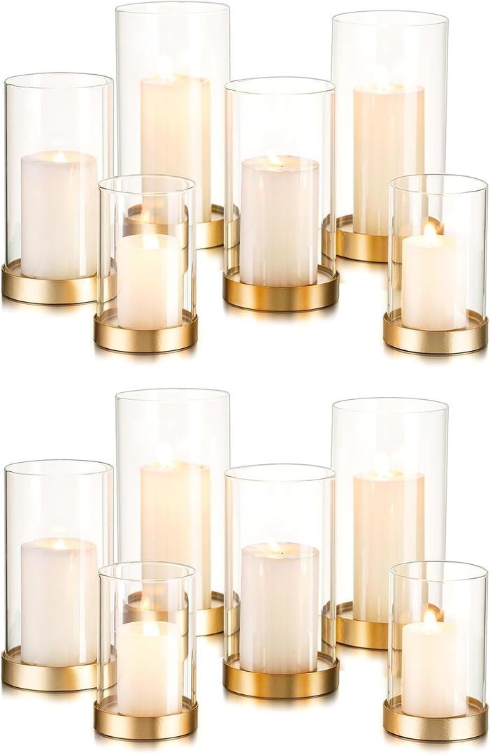 Hewory Hurricane Candle Holder for Pillar Candles: Gold Votive Candle Holders Set of 12, Glass Hurricane with Metal Candle Plate, Pillar Candle Holder for Table Centerpiece Wedding Holiday Home Decor