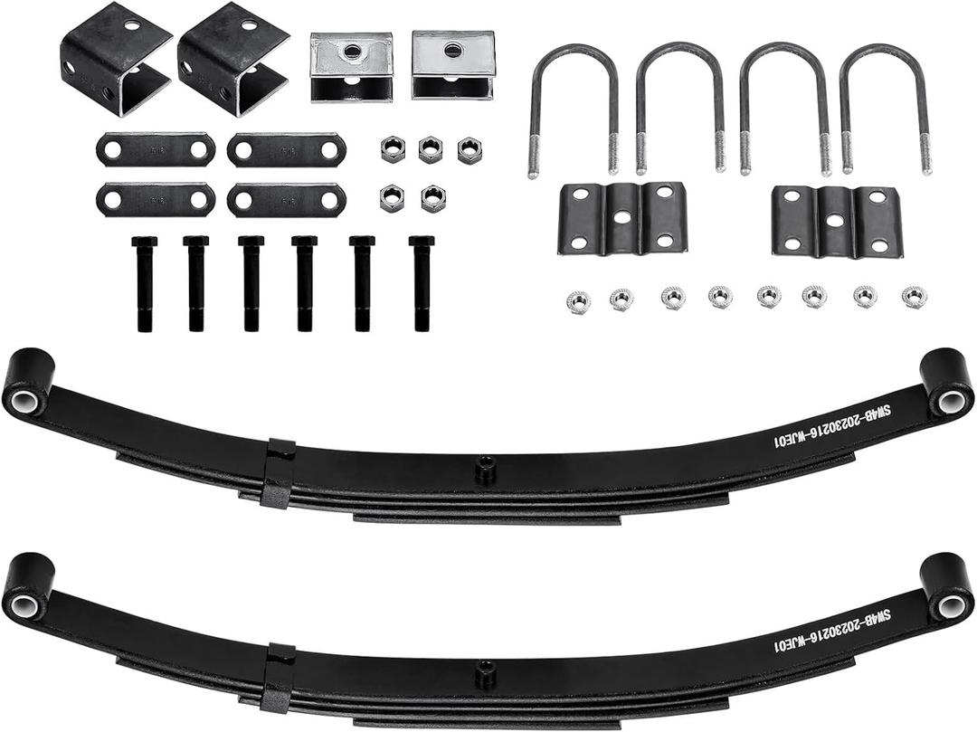 4 Leaf 1750lb Capacity Double Eye Spring for 3500lb Trailer Axle, 25-1/4" Length, 1.75" Width, 3" Free Open & U-Bolt & Hanger Kit, Suspension Kit Replaces SW4B, 2PCS
