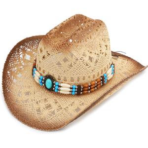 Straw Cowboy Hat, Western Cowgirl Hat, Wide Brim Sun Beach Hat for Men and Women (Brown)