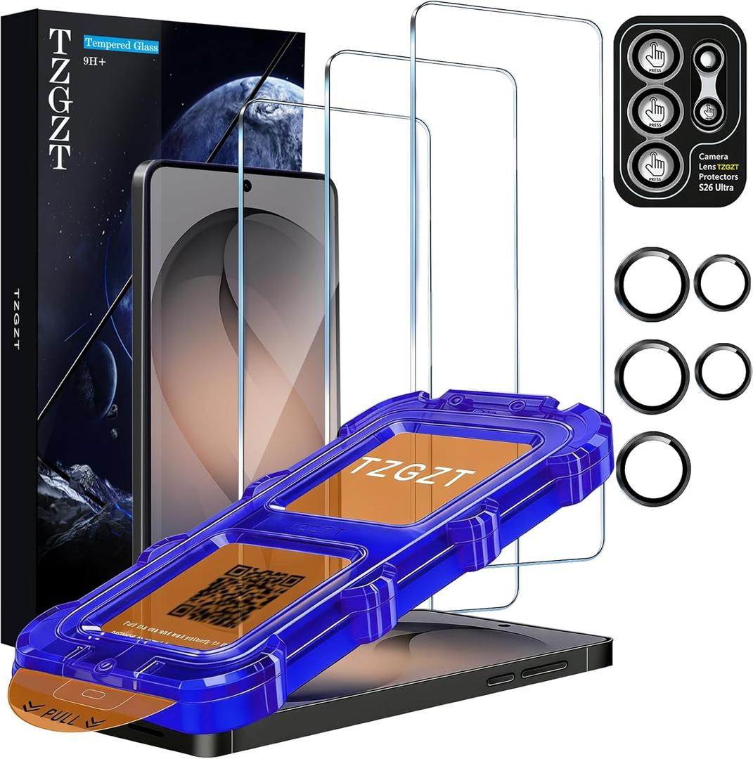 TZGZT 3 Pack for Samsung Galaxy S26 Ultra Screen Protector Tempered Glass, Automatic 0 Bubble Installation, Aluminum Metal Camera Lens Protector Accessories, Case Friendly, 10X Stronger Shatterproof