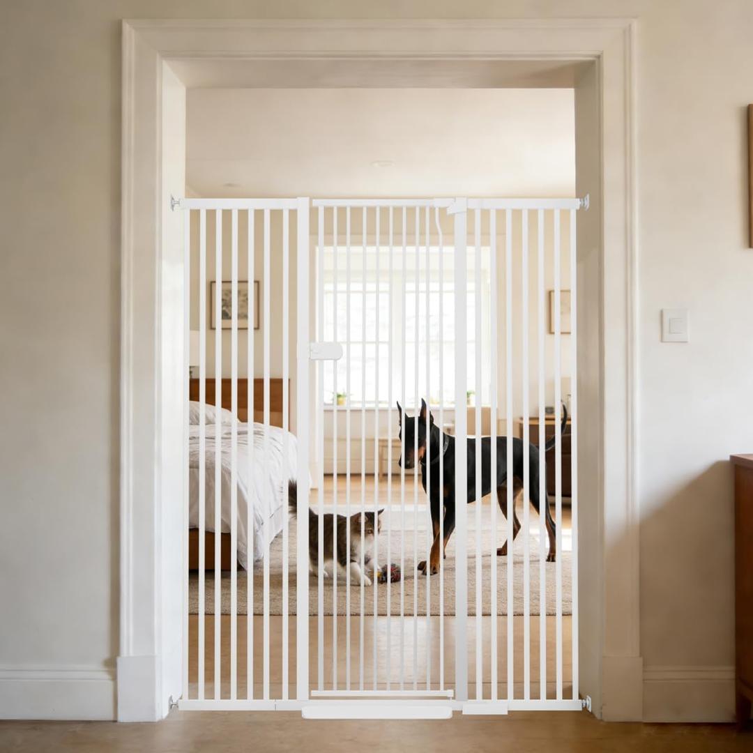 Lumizone Extra Tall Cat Gate 61.02" High Pressure Mounted Extra Wide 2025 New (17 Sizes) 1.37" Gap No Drilling Auto-Close One-Handed Operation Tall Pet Gate for Dogs(White, 61.02" H x 29.92"-59.44" W)