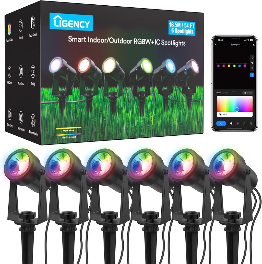 Smart Outdoor Spot Lights 6 Pack  Plug-in 12V DC Powered, 54 Feet RGBW Color Changing Landscape Lighting, IP65 Waterproof, App/Voice/Control Box, for Garden Yard Decor