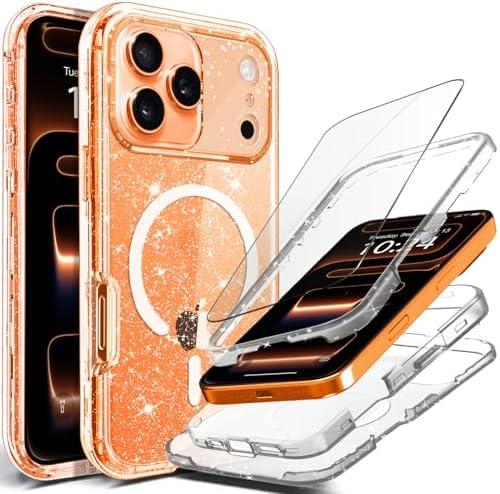 Coolwee Magnetic Bling Full Protective for iPhone 17 Pro Max Case [Non Yellowing] Heavy Duty Compatible with MagSafe Crystal Clear Glitter 3 Piece Full Body Protection Rugged Shockproof for Women Girl