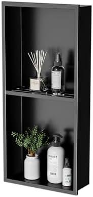 HelloaySen Stainless Steel Shower Niche 24" X 12" Matte Black No Tile Needed Vertical Niche Shower with Two- Tier Shelves Recessed Wall Niches