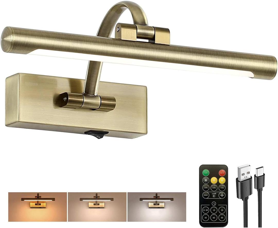 Wireless Picture Lights for Wall,12 Inch Battery Operated Picture Light,3CCT Dimmable Lights for Pictures on Wall with Timer and Remote for Display Photo Frame (Antique Bronze, 12inch)