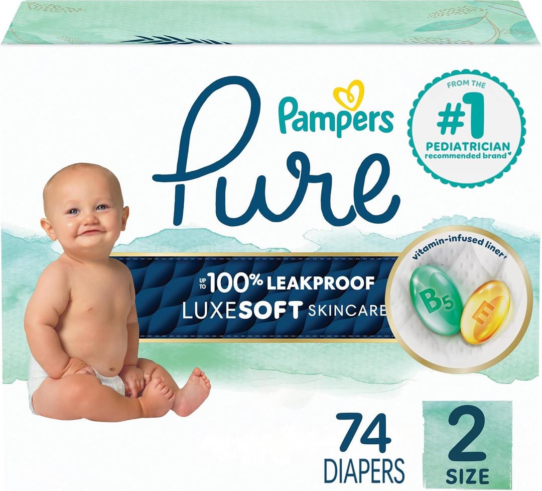 Pampers Pure Baby Diapers, Size 2 (12-18 lbs), 74