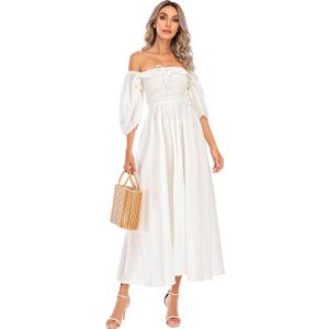 R.Vivimos Women Summer Half Sleeve Cotton Ruffled Vintage Elegant Backless A Line Flowy Long Dresses (Medium, White-1)