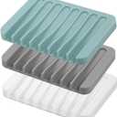 Self Draining Soap Dishes, 3 Pcs Silicone Soap Saver, Waterfall Drainer Soap Holder for Bathroom, Extend Soap Life, Keep Soap Bars Dry Clean & Easy Cleaning (White, Gray, Teal)