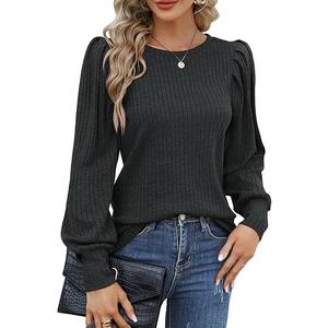 HOTOUCH Women's Knit Blouse Soft Puff Long Sleeve Shirt Tops Lightweight Round Neck Pullover Sweater , Size L