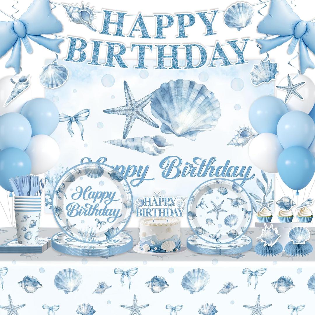 Seashell Birthday Decorations, Blue Coastal Beach Party Decorations All-in-One Set Serves 25, 233PCS Ocean Theme Supplies with Banner Backdrop Tableware Tablecloth Balloons Cake & Cupcake Toppers