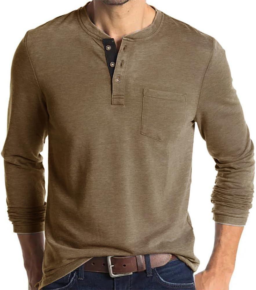 Mens Casual Short Sleeve Henley Shirts Fashion Button T Shirts with Pocket (Brown)