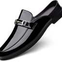 Men's Patent Leather Slip-On Dress Mules Slippers Fashion Printing Comfort Round Toe Low Heel Open Backless Casual Clogs Loafers with Metal Buckle Decoration, Size 46