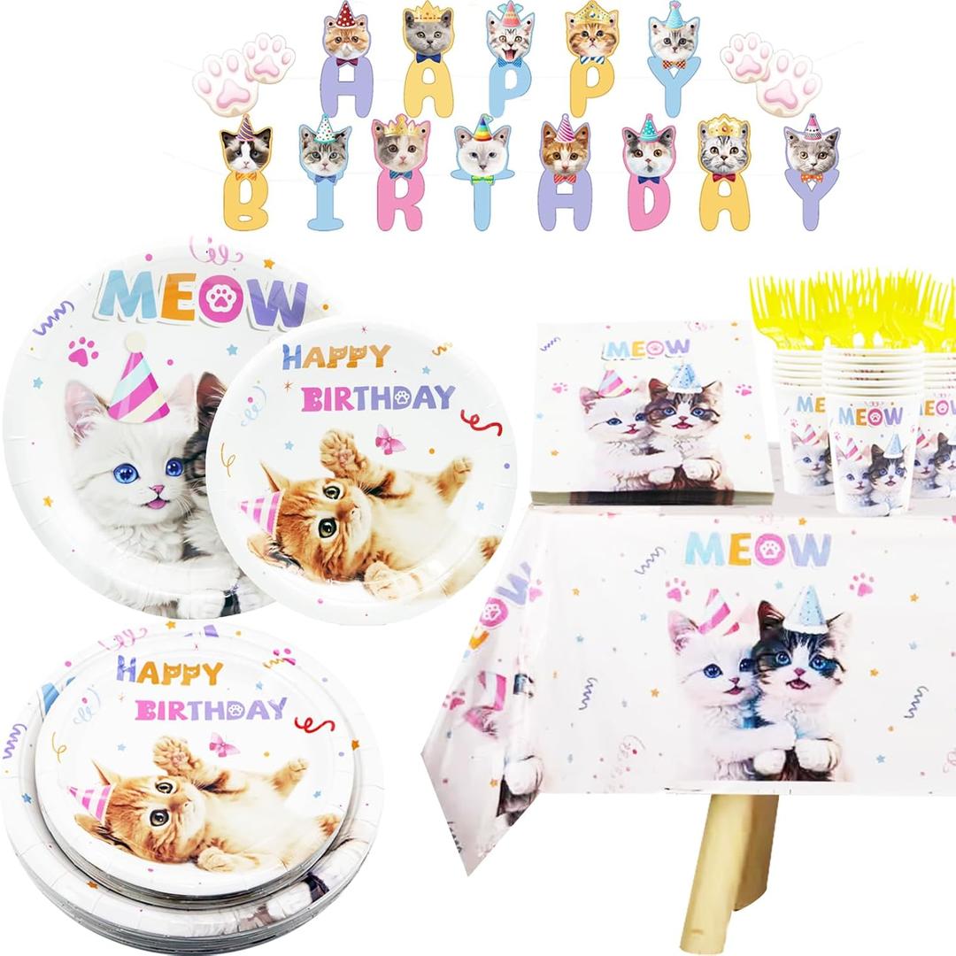 Cat Birthday Party Supplies Serves 20, Cat party Decorations Set, Cat Plates and Napkins, Kittens Cat Party Tableware Set with Plates, Cups, Napkins, Forks, Tablecloth, Banner