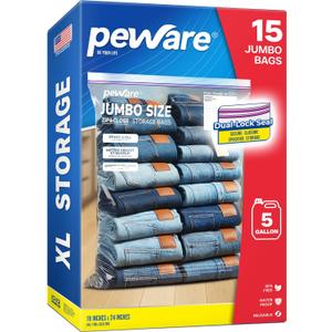 Large Storage Bags, 18"x24" Jumbo Plastic Bag, BPA Free, 5 Gallon XL Zipper Lock Baggies for Clothes Pillow Travel Moving - 15 Jumbo Bags
