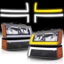 Headlights Assembly w/LED DRL compatible with 2003-2006 Chevy Silverado / 03-06 Avalanche (No Cladding only)with Sequential Tun Signal, Black Housing Amber Side