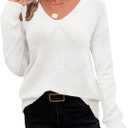 Zeagoo Womens Sweaters Fall Trendy Casual Long Sleeve Shirt Lightweight V Neck Off Shoulder Crochet Pullover Top Outfit (Small, B-white)
